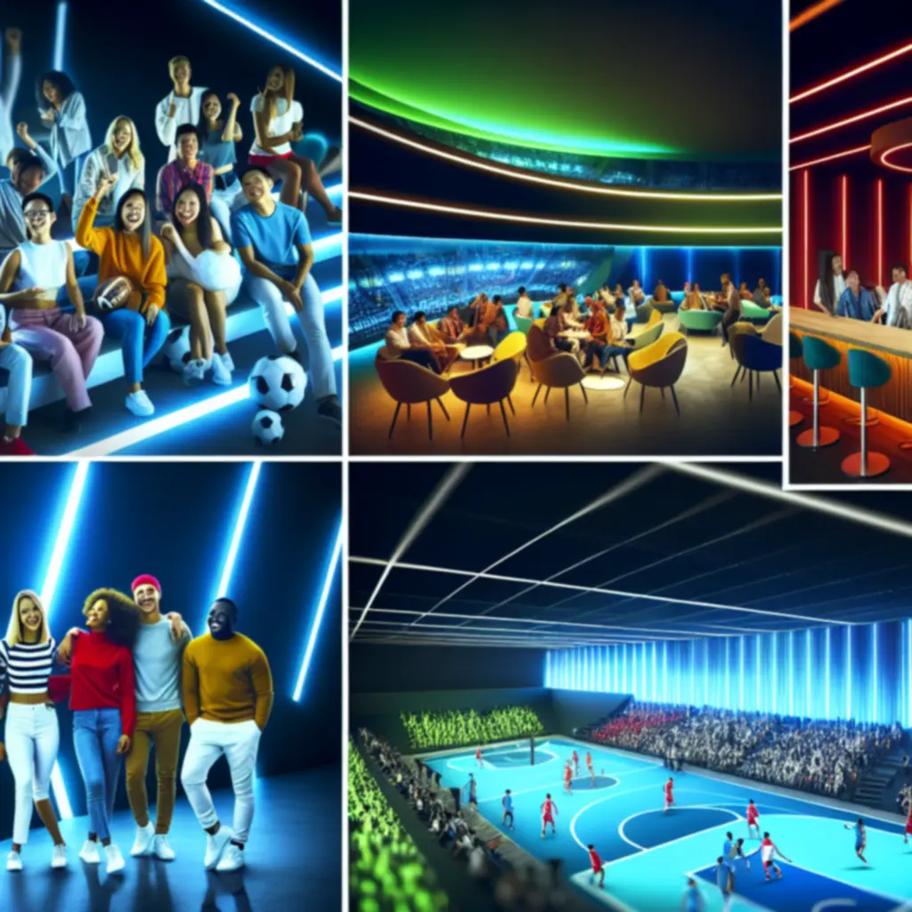 Enthousiaste fans juichen in een neonverlichte sportlounge