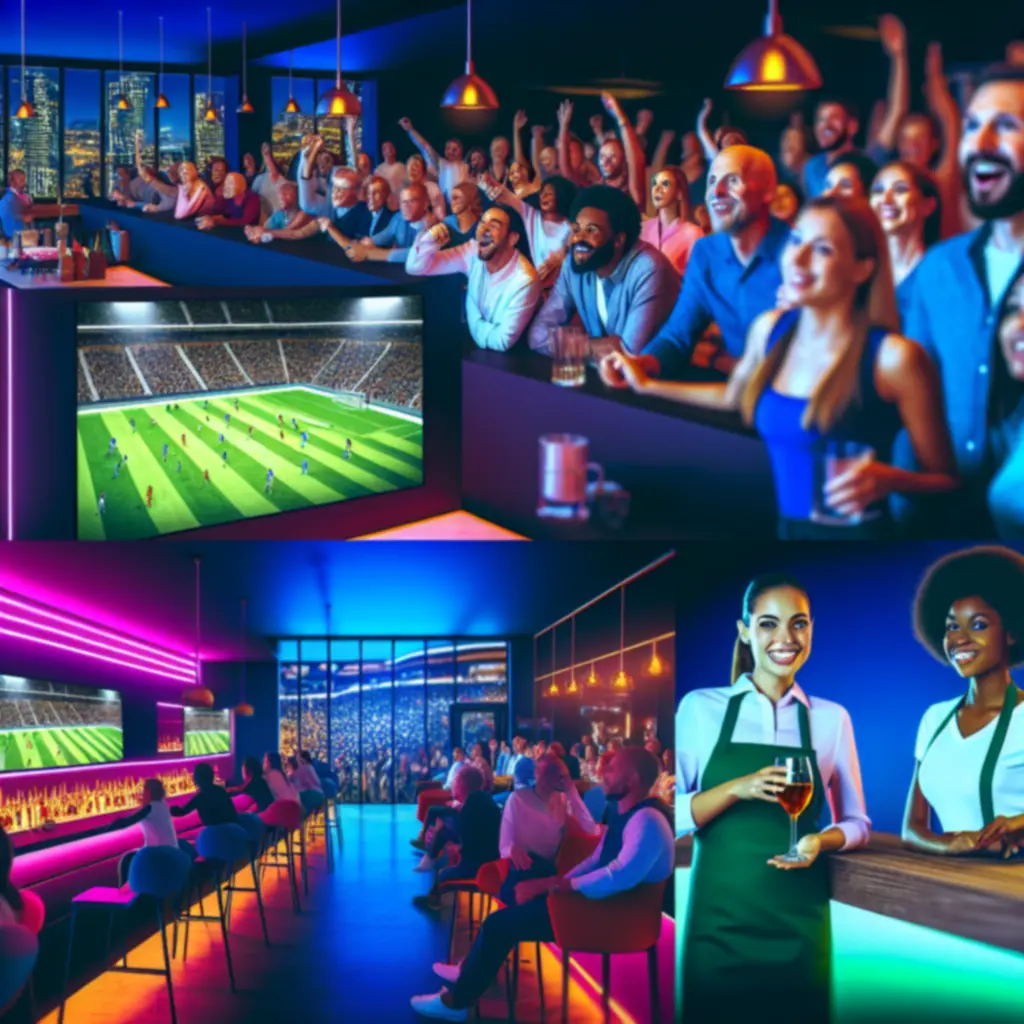 Drukke sportlounge met fans, neonverlichting en grote schermen tijdens een live-evenement