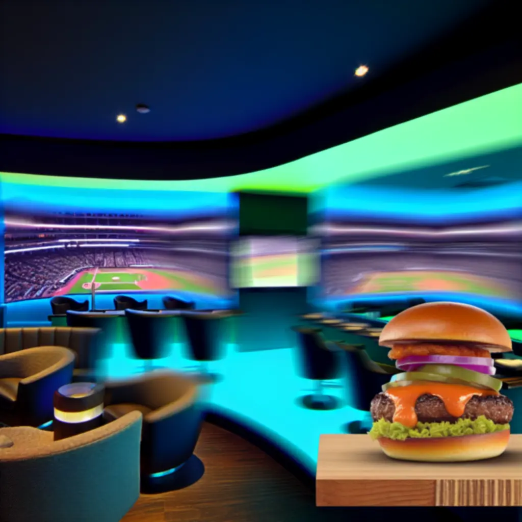 Sfeervolle neon sportlounge met een burger en friet op tafel