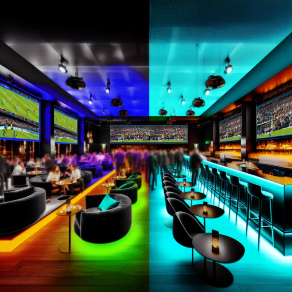 Neon-verlicht interieur met panoramische schermen in de sportlounge.