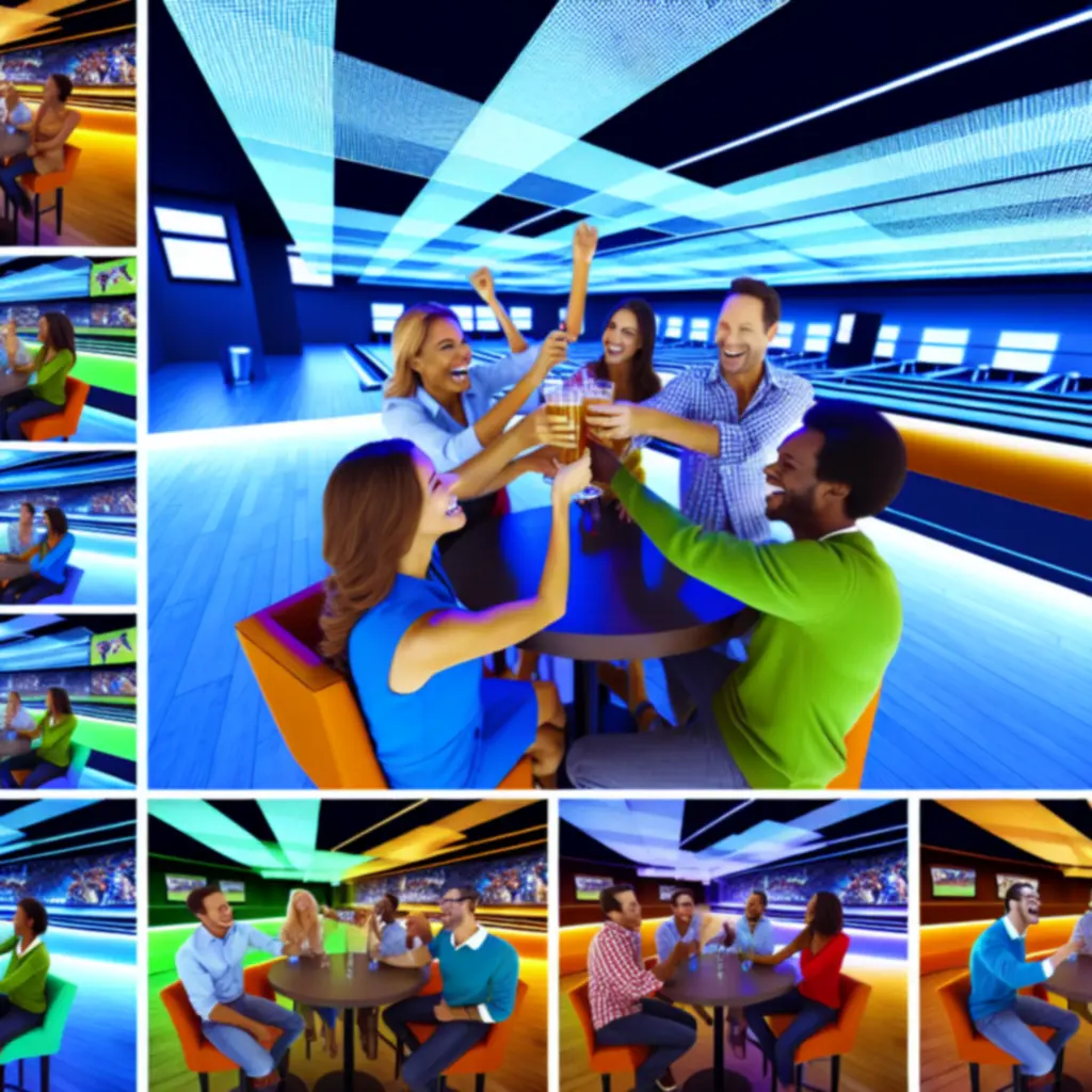 Gasten juichen in een neon-verlichte sportlounge met grote schermen.