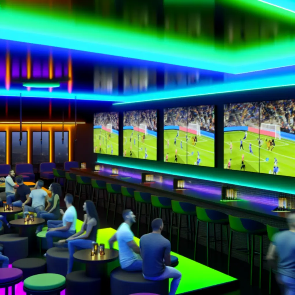 Neonverlichte sportlounge met sfeervolle bar en grote schermen