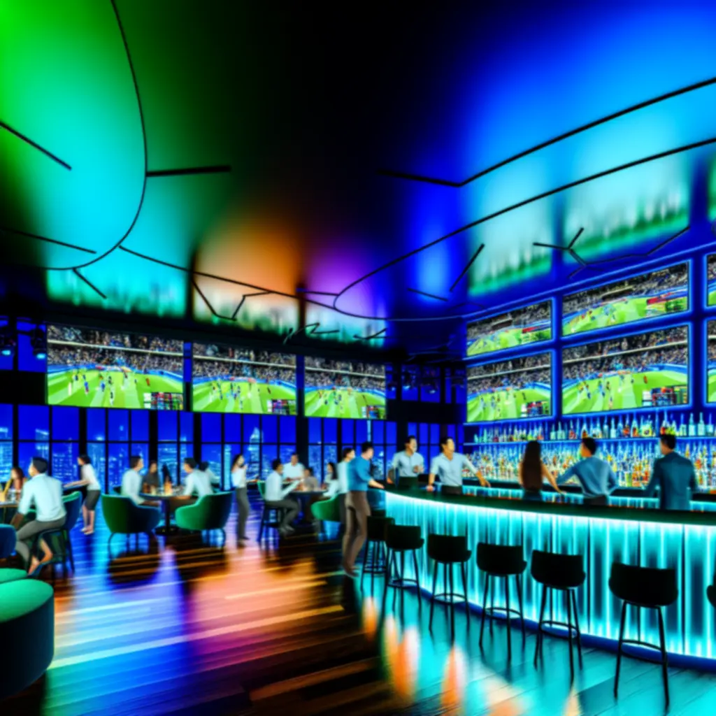Neonverlichte sportlounge met grote schermen en gasten die samen wedstrijden beleven