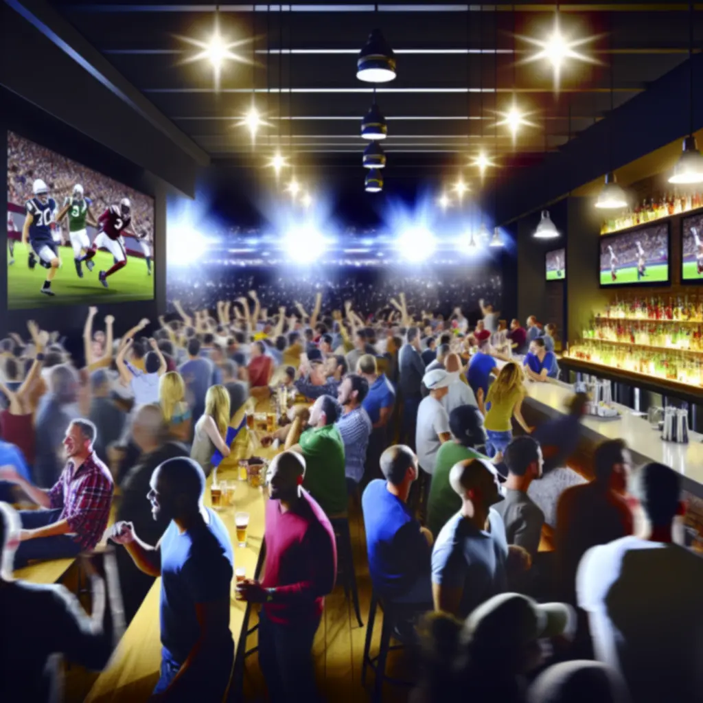 Drukke sportlounge tijdens een evenement, met juichende gasten en neonverlichting.