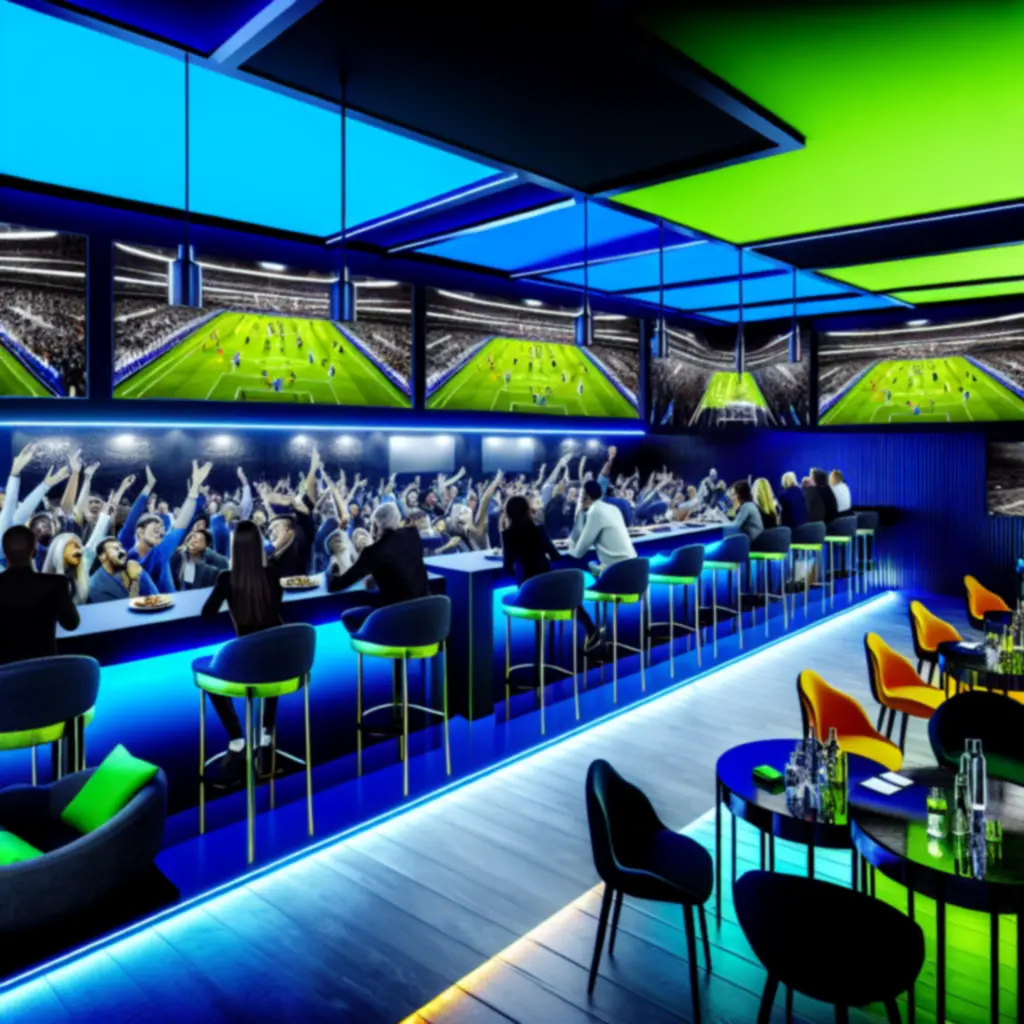 Overzicht van een neonverlichte sportlounge tijdens een druk bezocht event