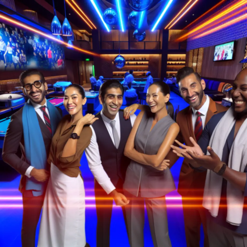 Enthousiast team in een sportlounge dat gasten verwelkomt