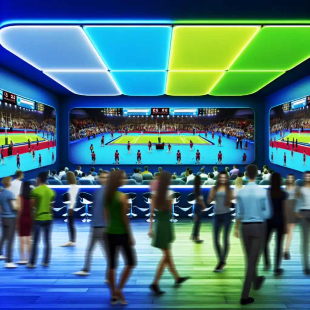 Neonverlichte sportlounge met schermen en toernooi in actie